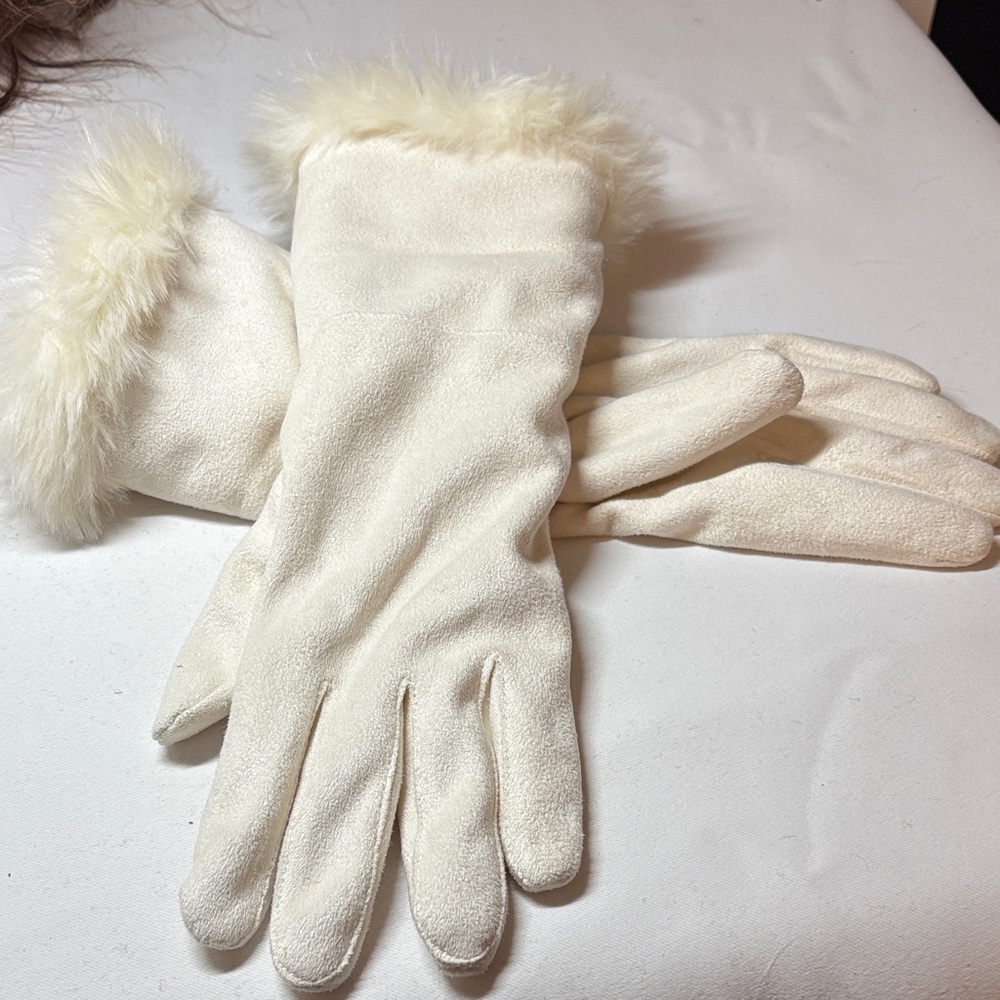 Coldwater Creek Ivory Poly Faux Fur decorated Long Gloves Medium